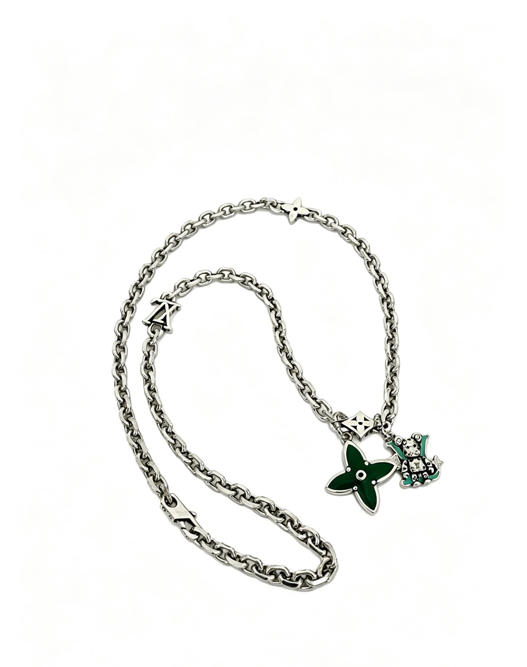 Louis Vuitton Silver Chain Necklace with Green Flower and Monogram Motif